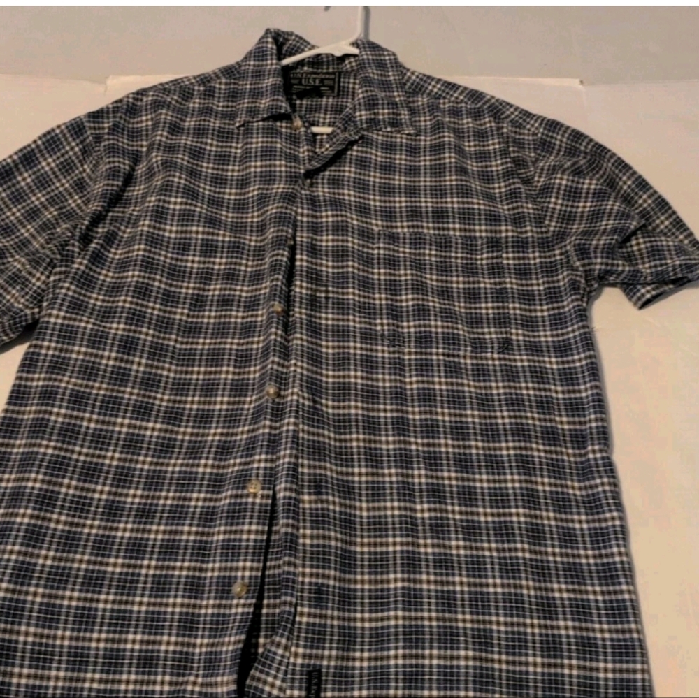 U.S.Expedition Men's Short Sleeve Flat Hem Navy Grey Plaid Shirt Large